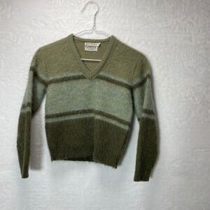 VTG Kids Boys Olive Green Striped Mohair‎ Fuzzy Crewneck Pullover Sweater